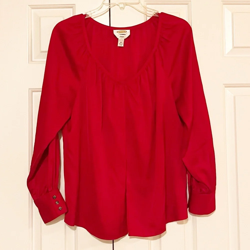 Talbots 100% Silk Vibrant V-Neck Red Blouse with ruched collar long sleeves. 10 - Picture 1 of 14
